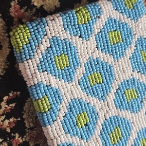 Vintage Midcentury HandBeaded Glass Blue & White Wallet Clutch with Lime Accent